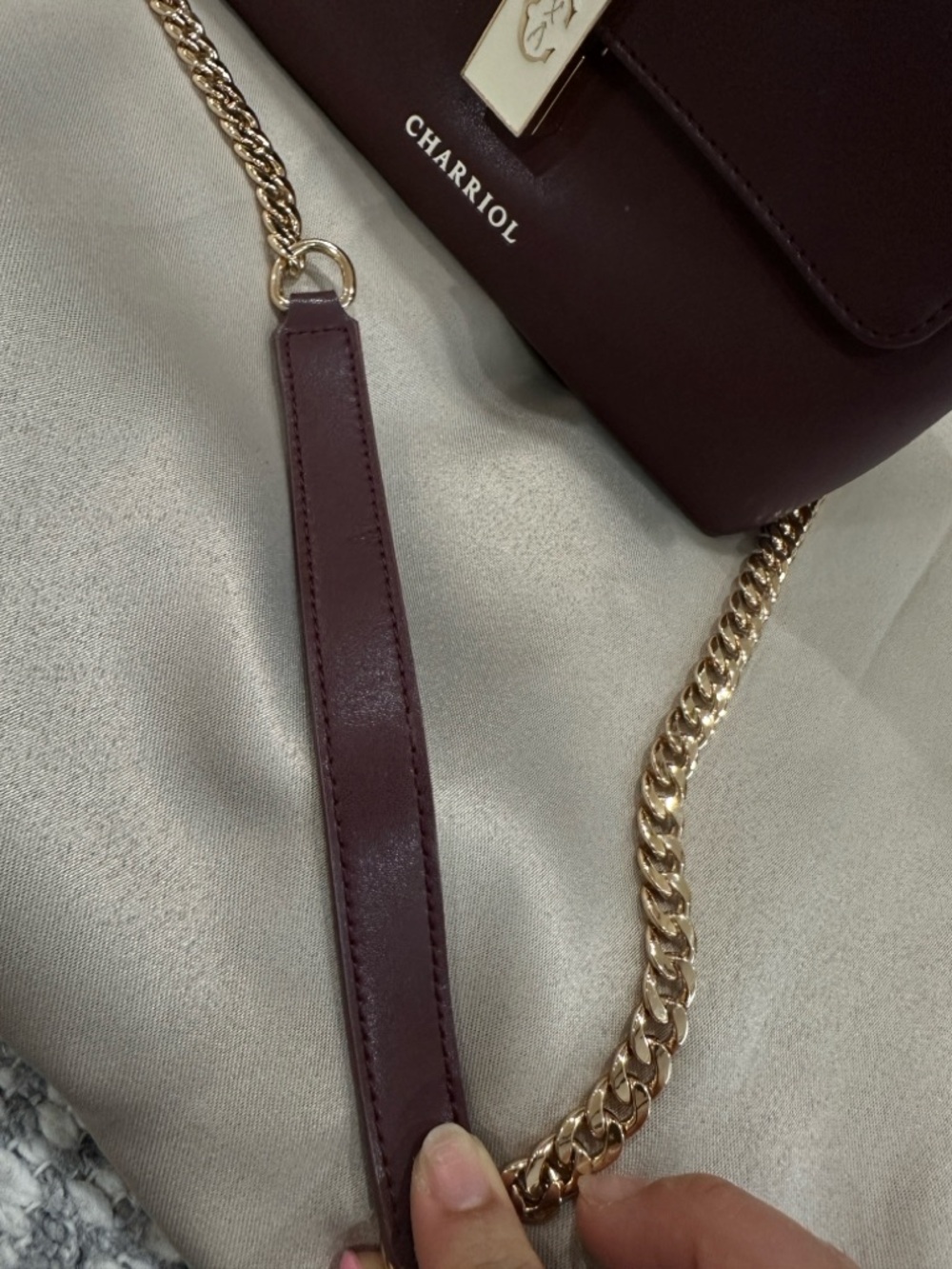 Charriol Burgundy Leather Satchel with Gold Chain Strap - Picture 3 of 15